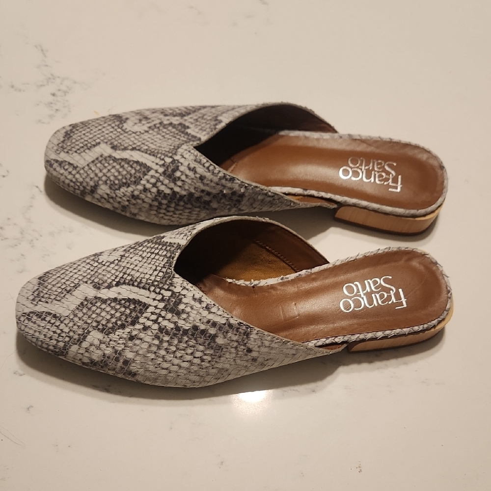 Franco Sarto Gray Snakeskin Mules with Rounded Toe